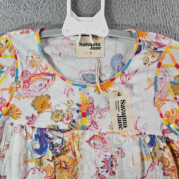 NEW Savanna Jane Top Blouse Women Small Floral Paisley Print Embroidered White - Picture 2 of 9
